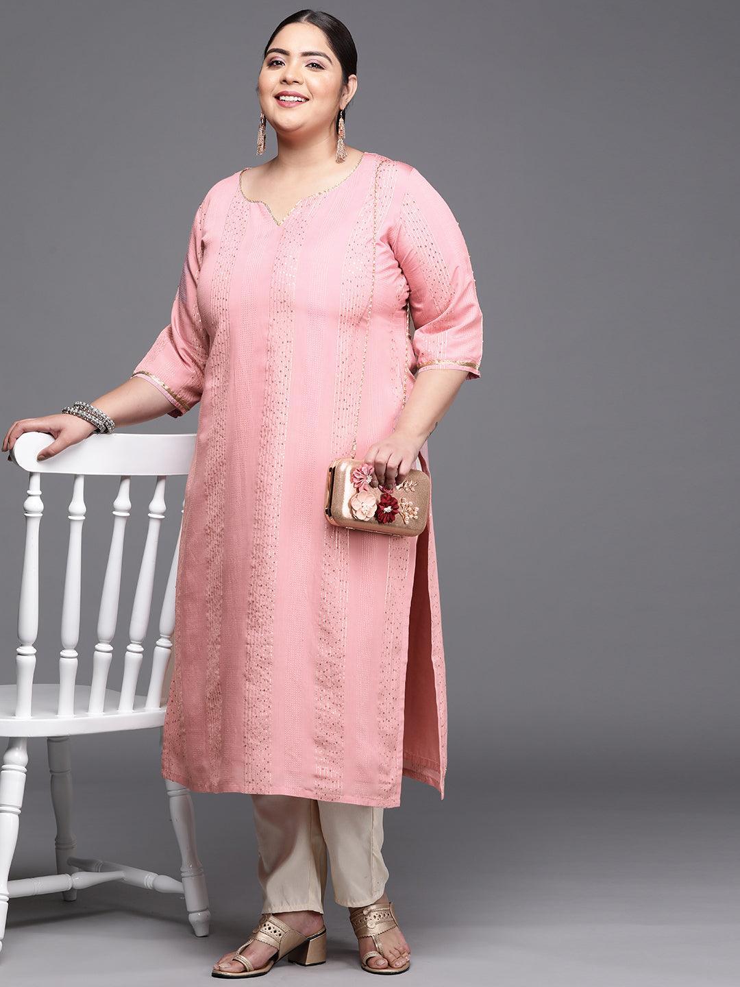 Plus Size Pink Embellished Chanderi Silk Kurta