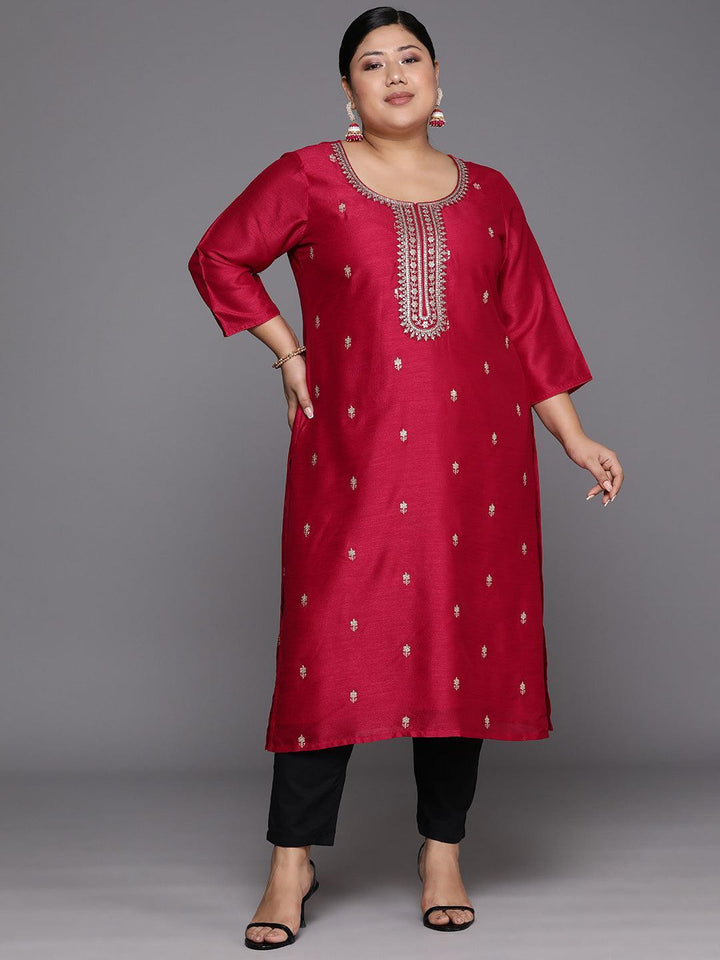 Plus Size Pink Embroidered Silk Straight Kurta - Libas