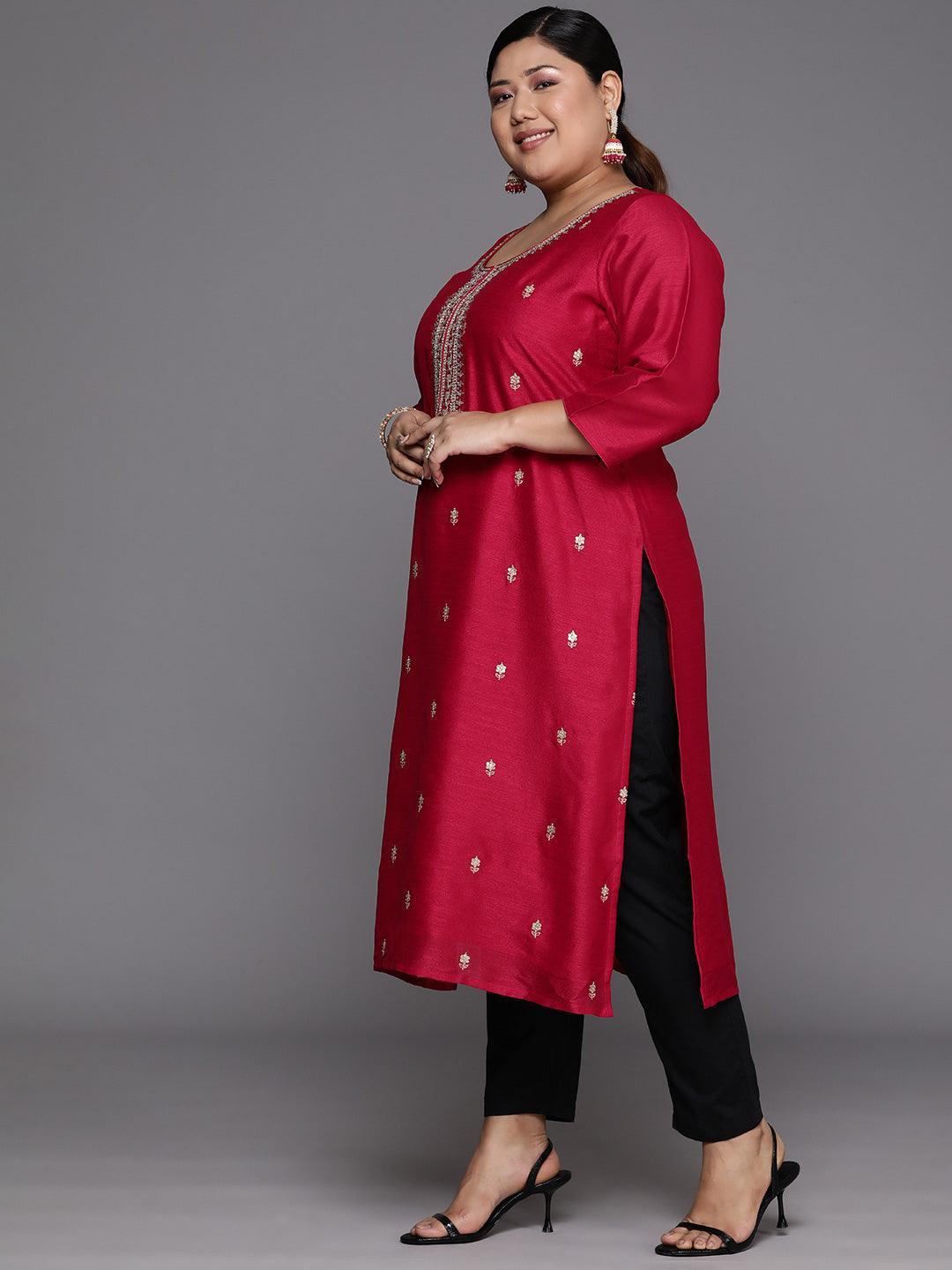 Plus Size Pink Embroidered Silk Straight Kurta - Libas