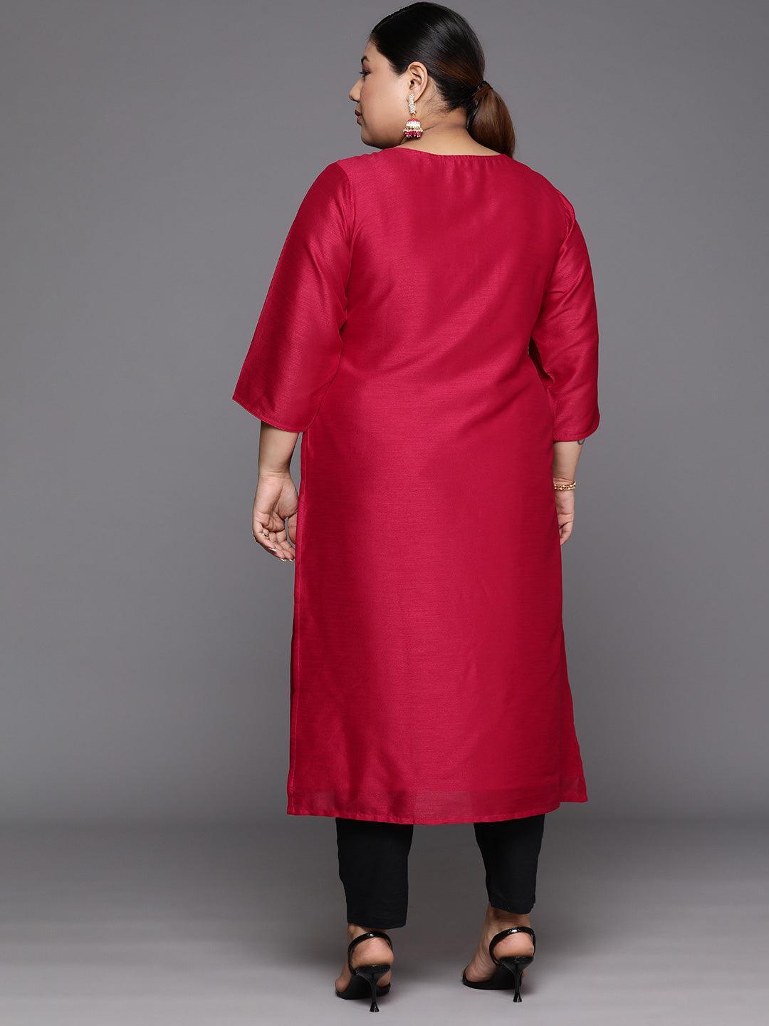 Plus Size Pink Embroidered Silk Straight Kurta - Libas