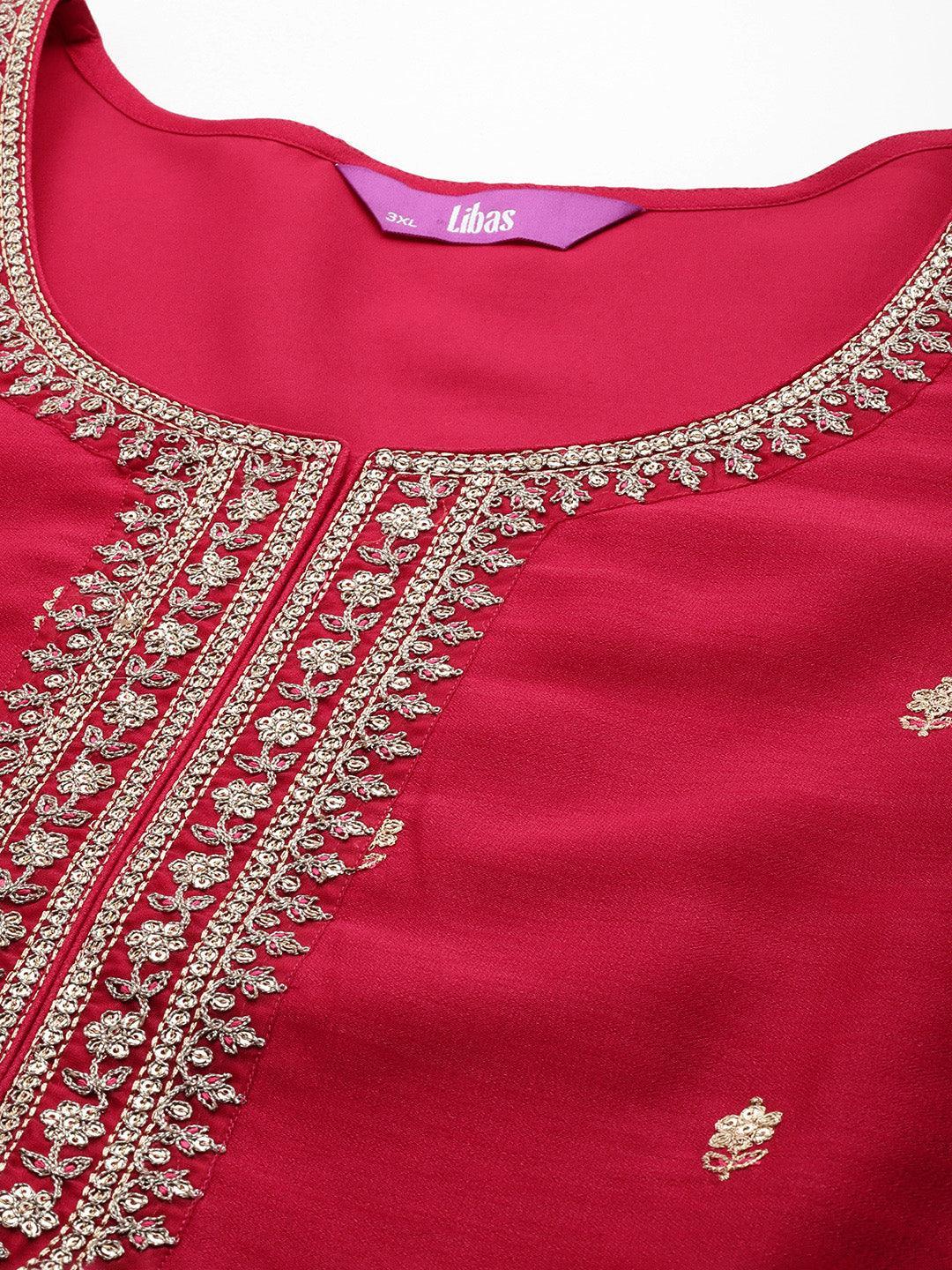 Plus Size Pink Embroidered Silk Straight Kurta - Libas