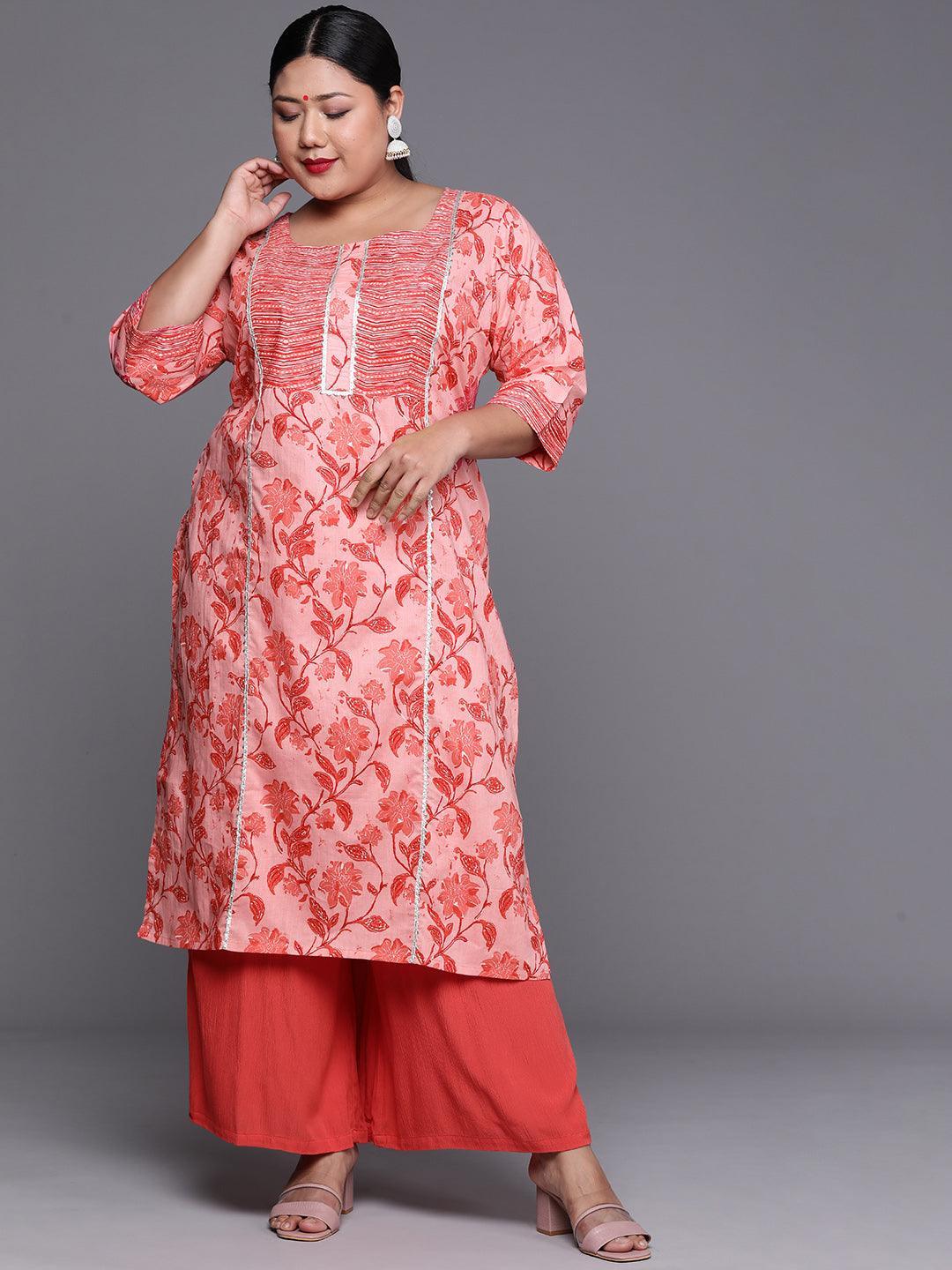 Plus Size Pink Printed Cotton Kurta