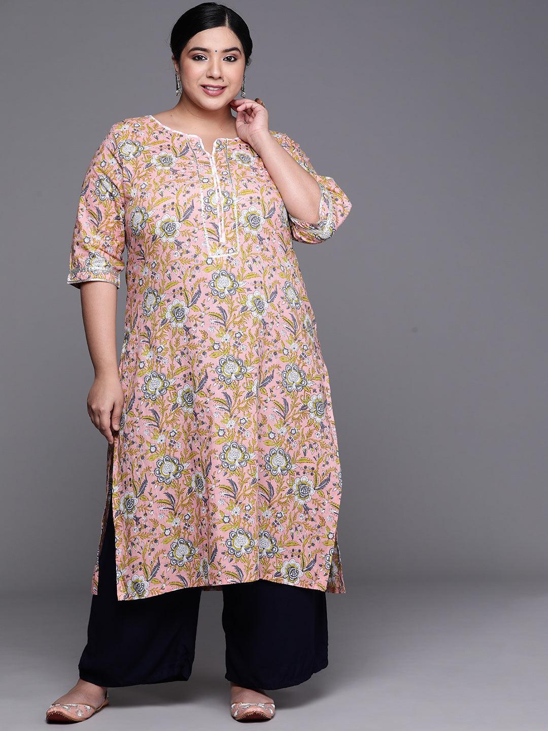 Plus Size Pink Printed Cotton Kurta