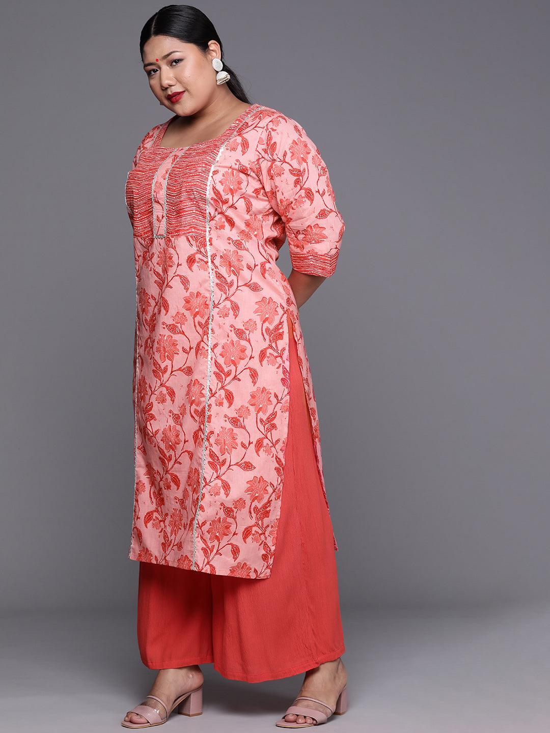 Plus Size Pink Printed Cotton Kurta