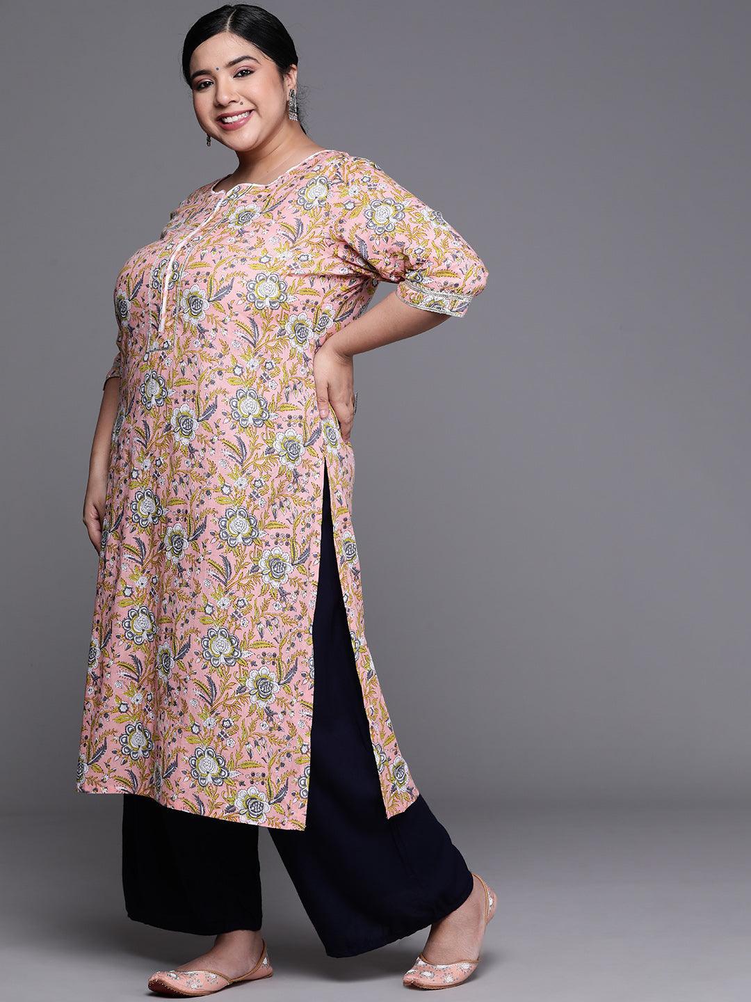 Plus Size Pink Printed Cotton Kurta