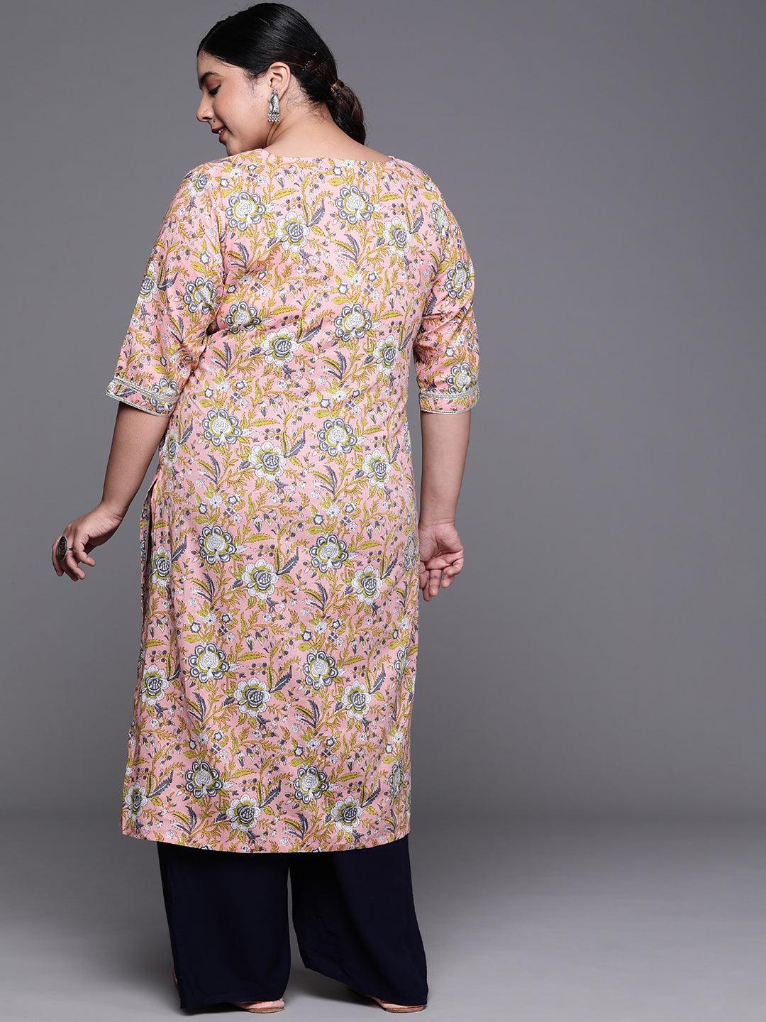 Plus Size Pink Printed Cotton Kurta