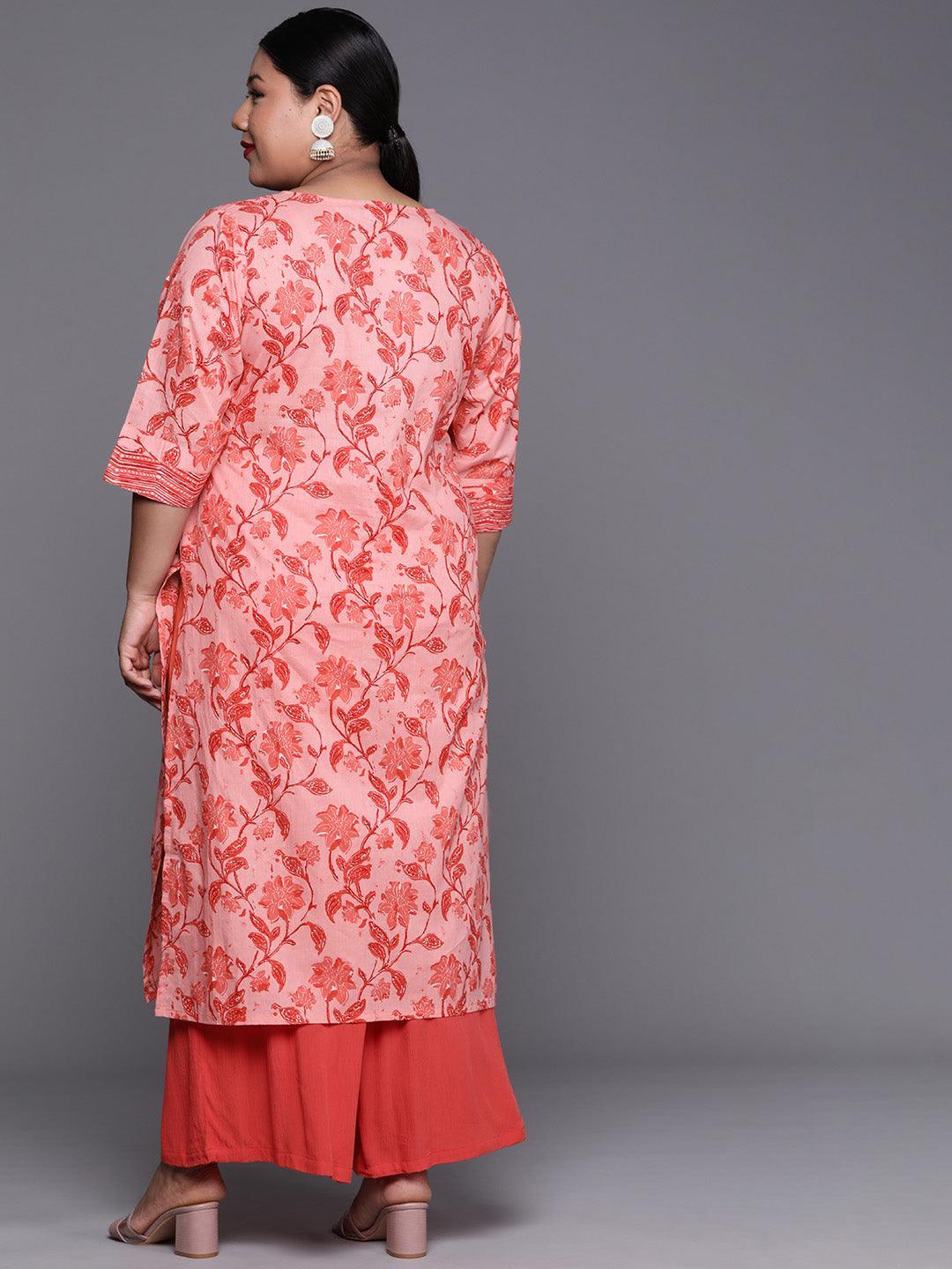 Plus Size Pink Printed Cotton Kurta