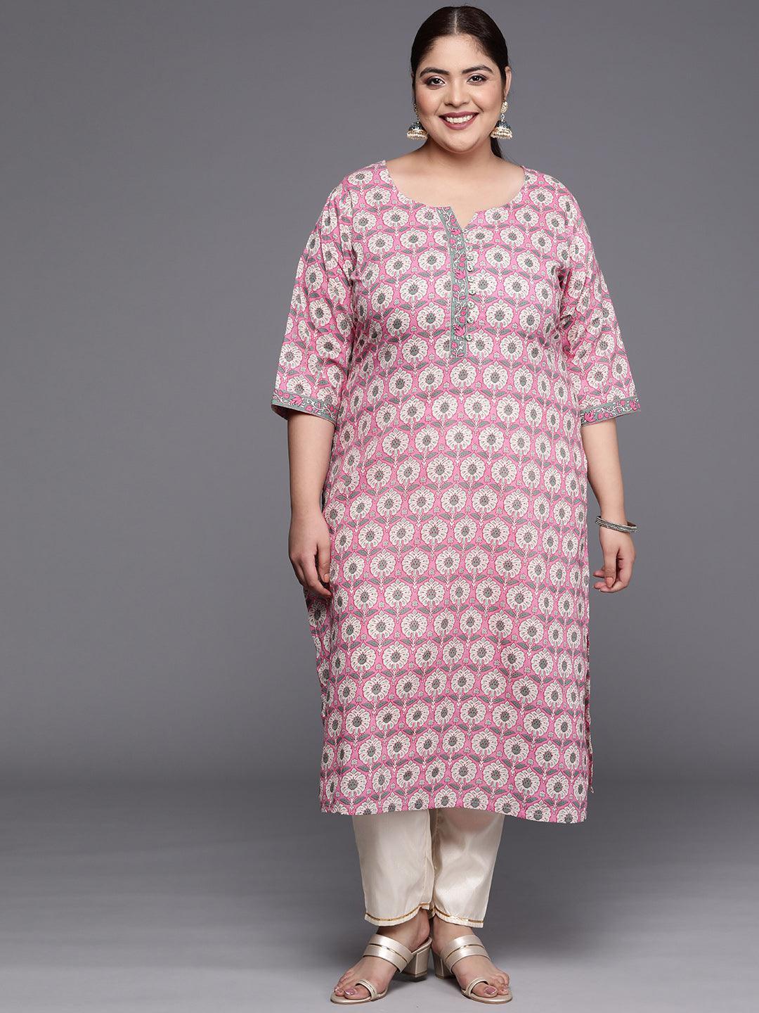 Plus Size Pink Printed Cotton Straight Kurta