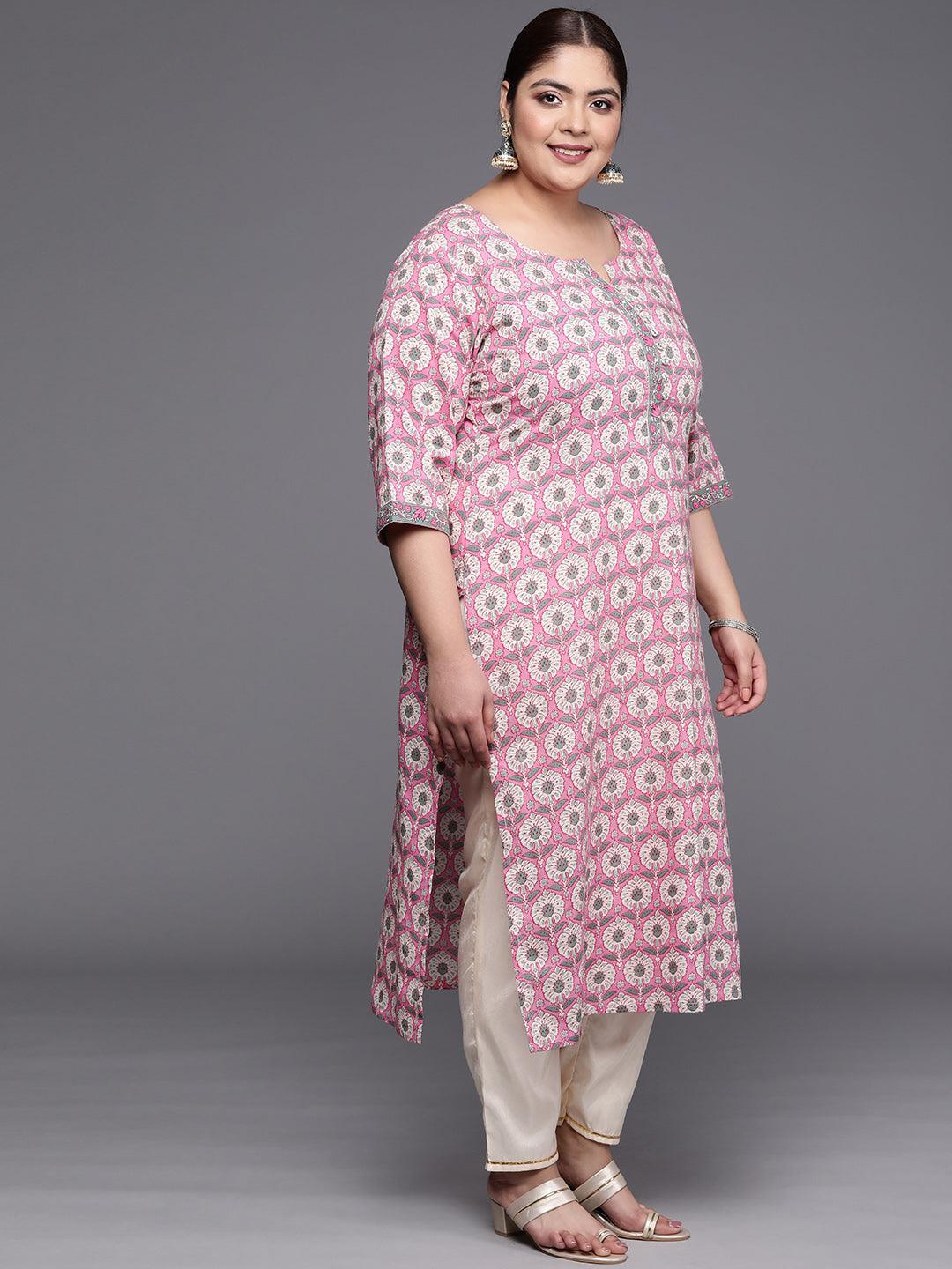 Plus Size Pink Printed Cotton Straight Kurta