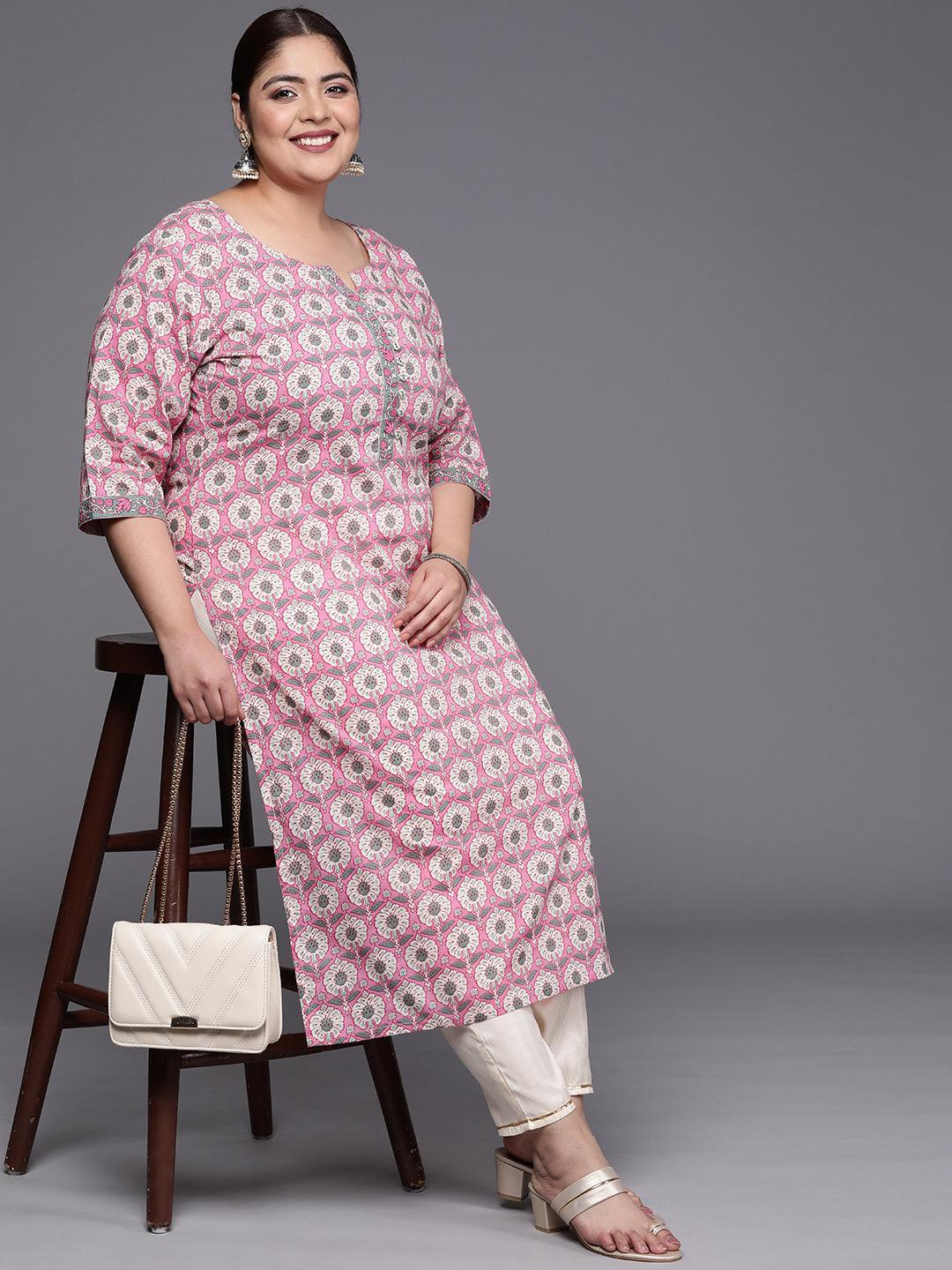 Plus Size Pink Printed Cotton Straight Kurta