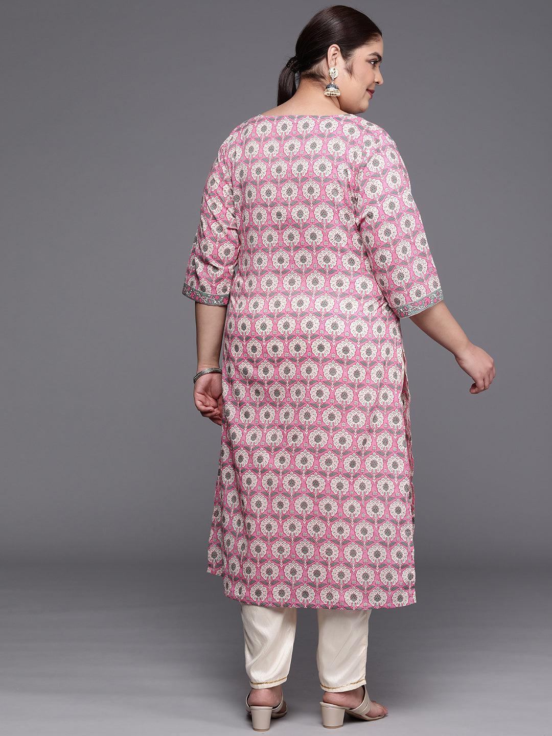 Plus Size Pink Printed Cotton Straight Kurta