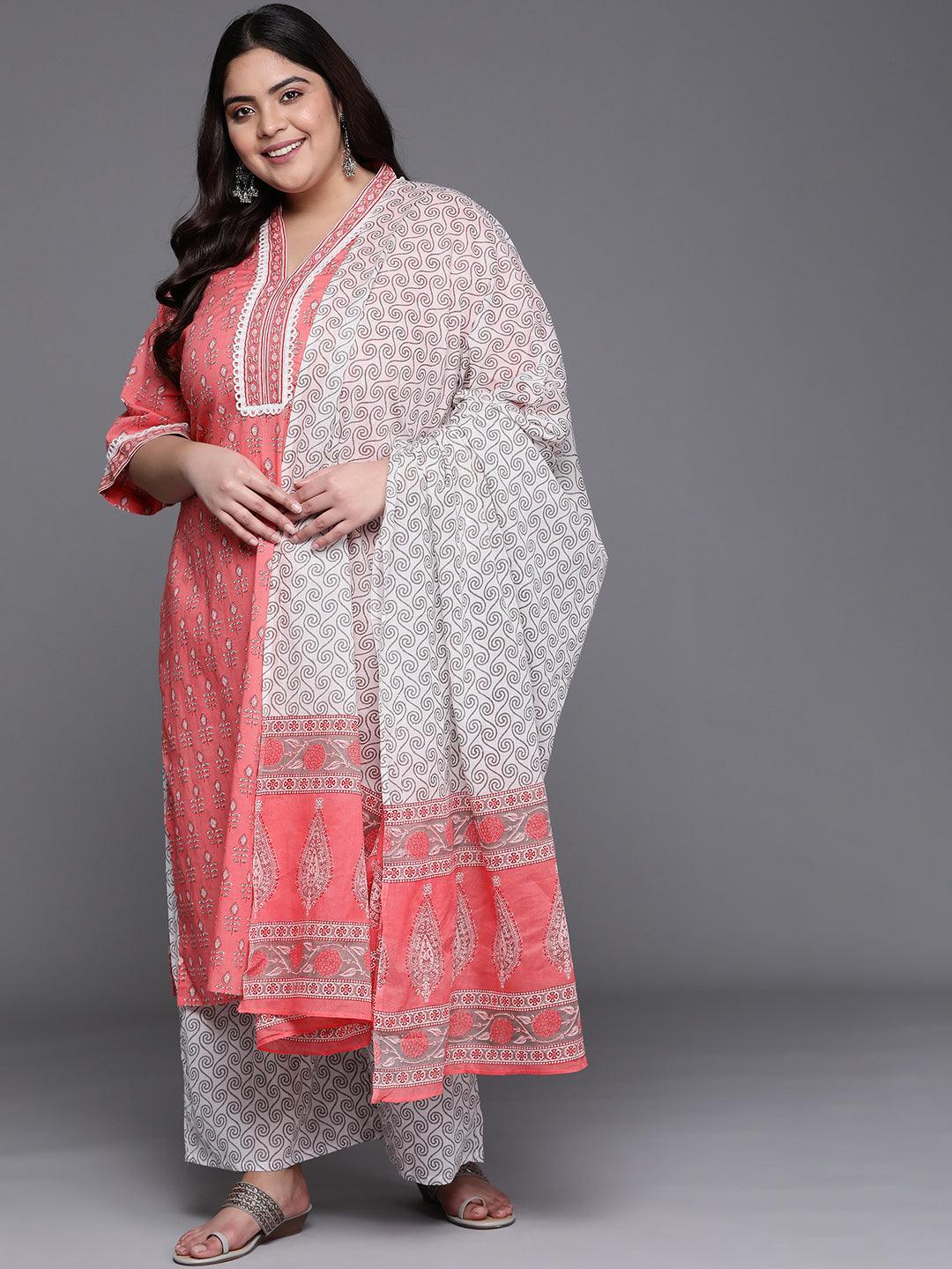 Plus Size Pink Printed Cotton Straight Kurta With Palazzos & Dupatta