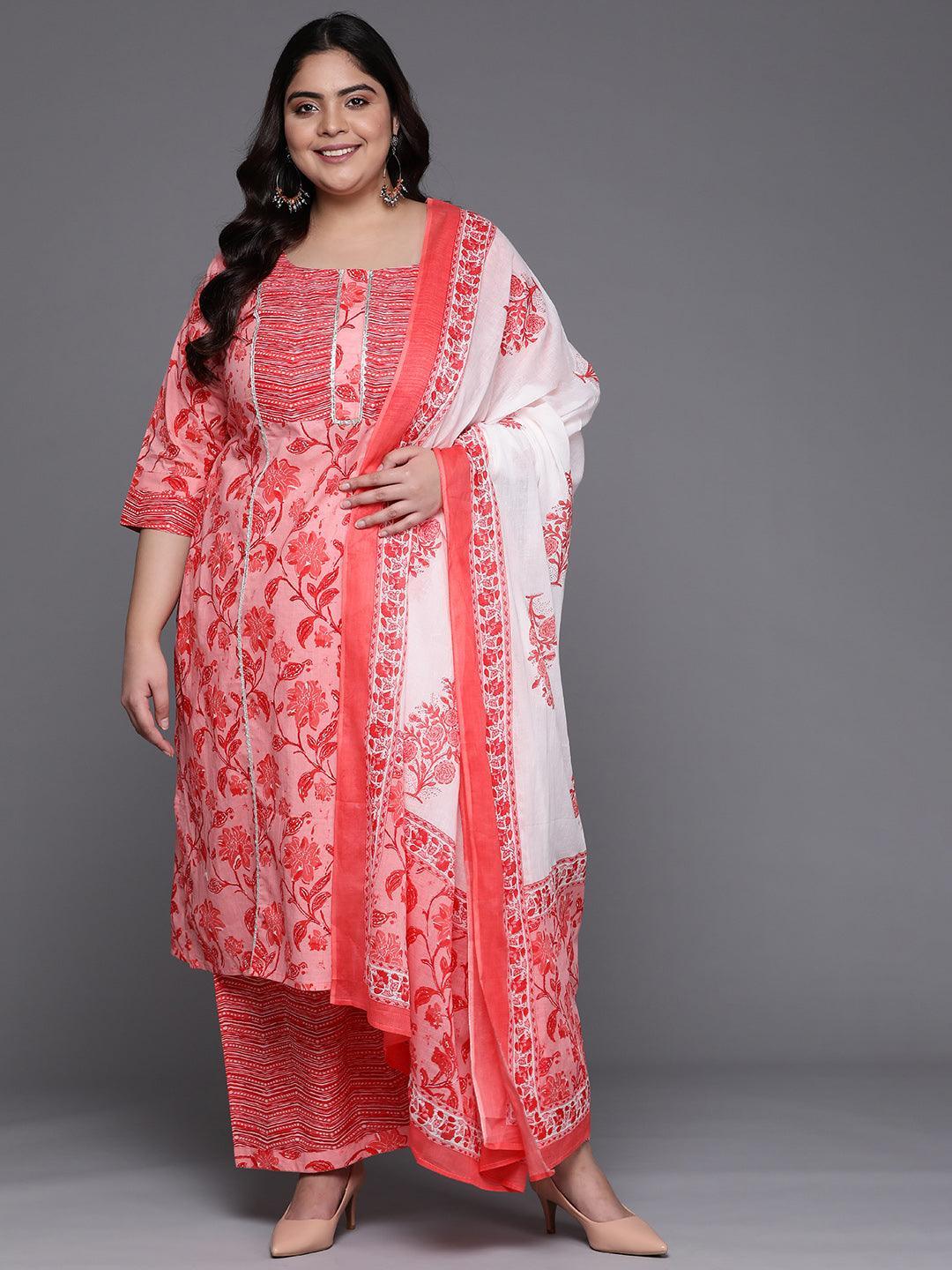 Plus Size Pink Printed Cotton Suit Set