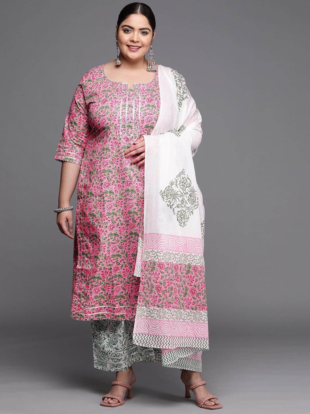 Plus Size Pink Printed Cotton Suit Set