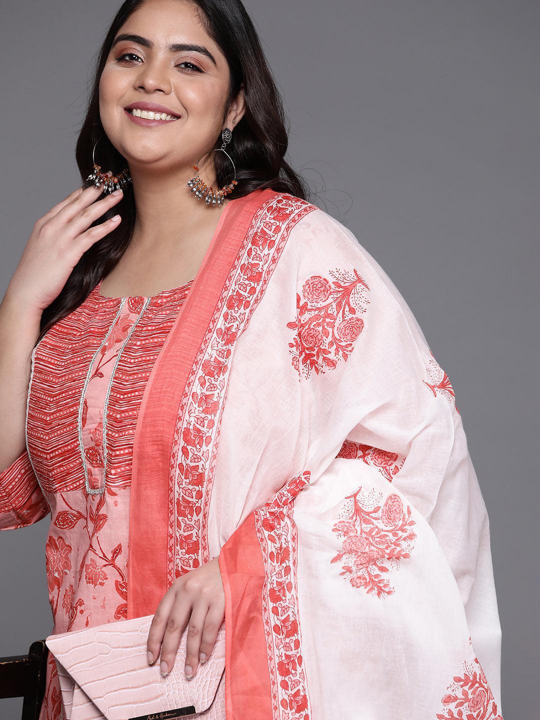 Plus Size Pink Printed Cotton Suit Set