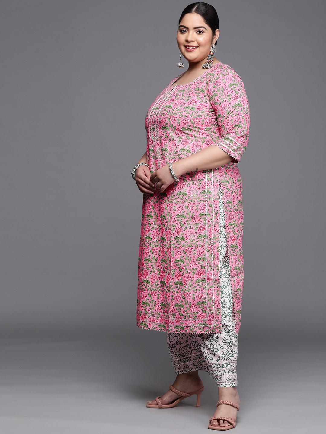 Plus Size Pink Printed Cotton Suit Set