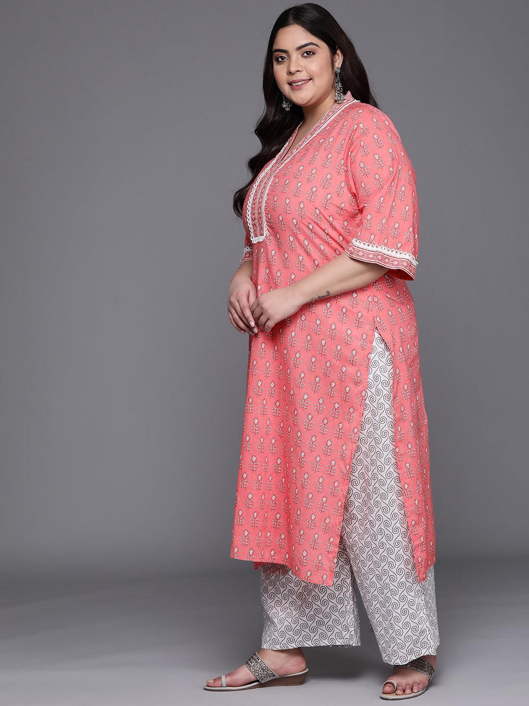 Plus Size Pink Printed Cotton Straight Kurta With Palazzos & Dupatta