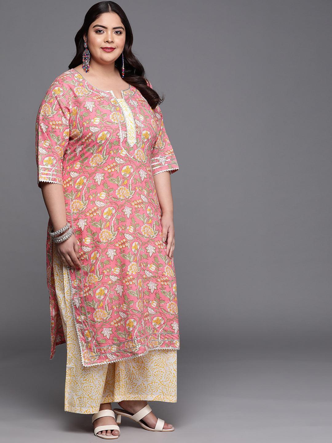 Plus Size Pink Printed Cotton Suit Set