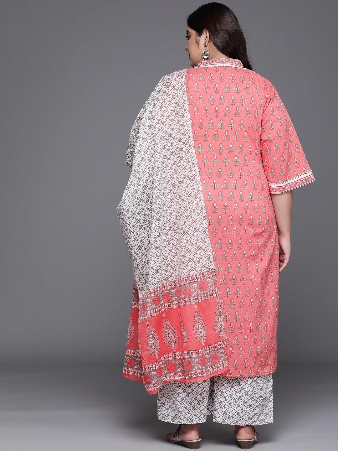 Plus Size Pink Printed Cotton Straight Kurta With Palazzos & Dupatta