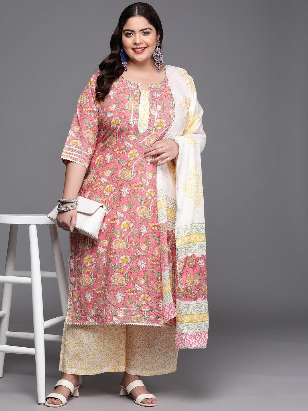 Plus Size Pink Printed Cotton Suit Set