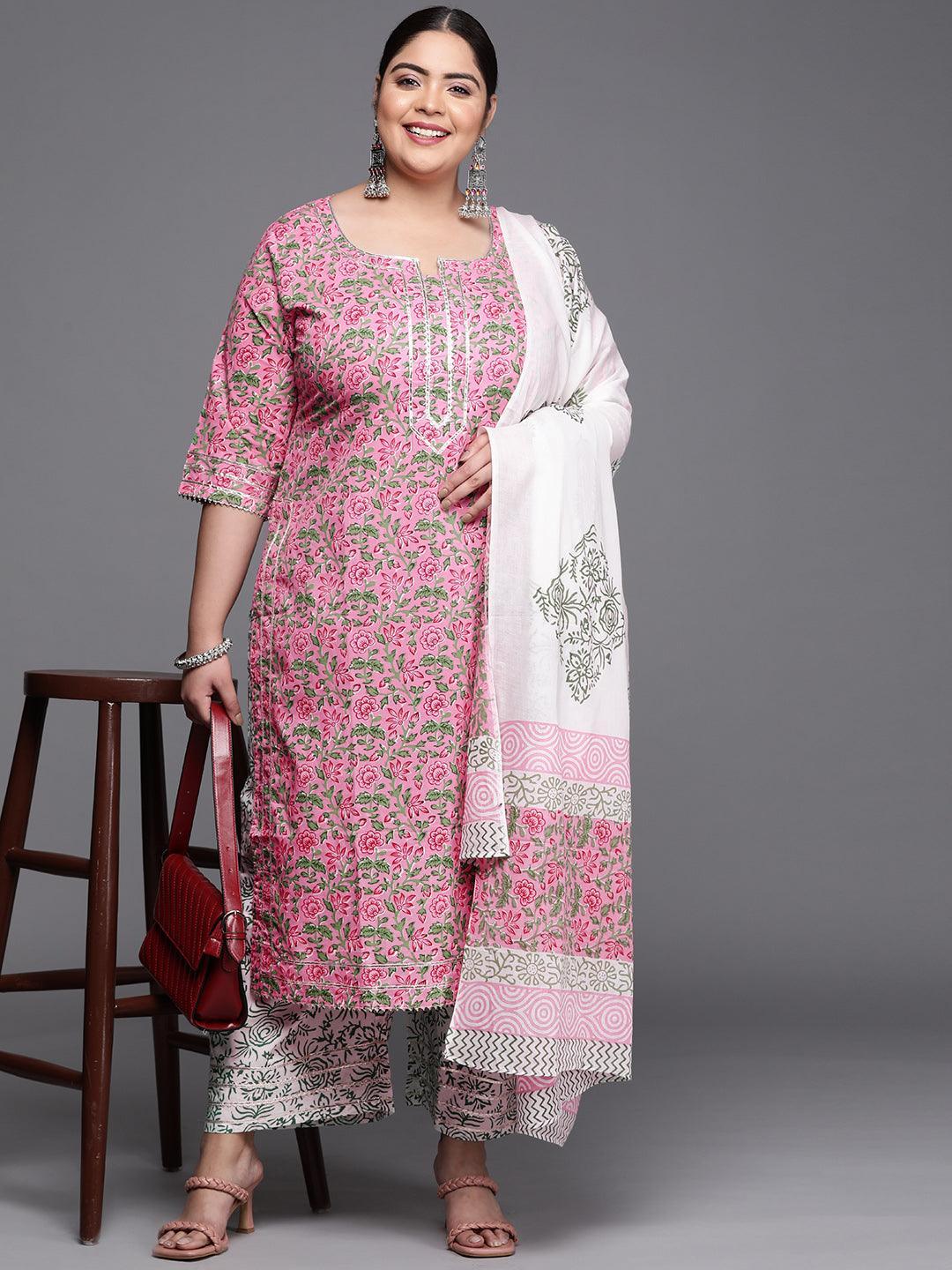 Plus Size Pink Printed Cotton Suit Set