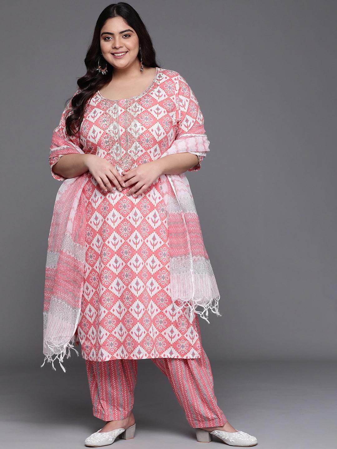 Plus Size Pink Printed Cotton Suit Set