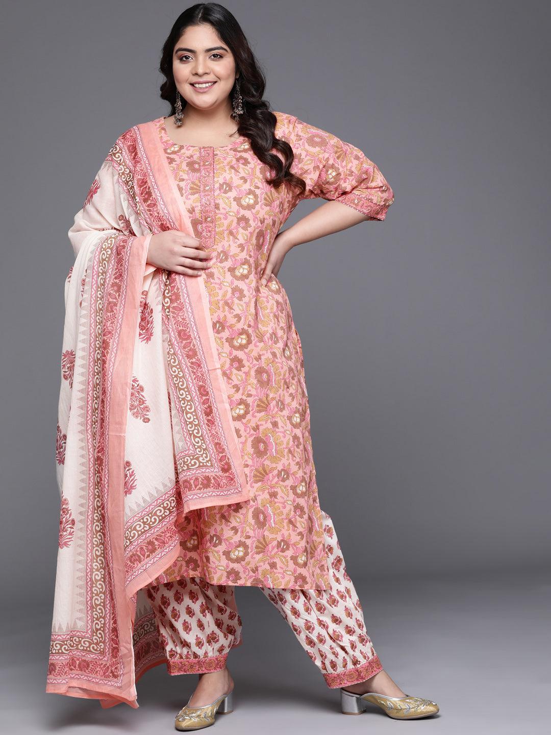 Plus Size Pink Printed Cotton Straight Kurta With Salwar & Dupatta