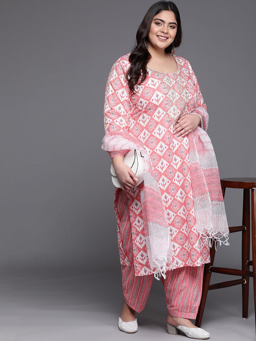 Plus Size Pink Printed Cotton Suit Set