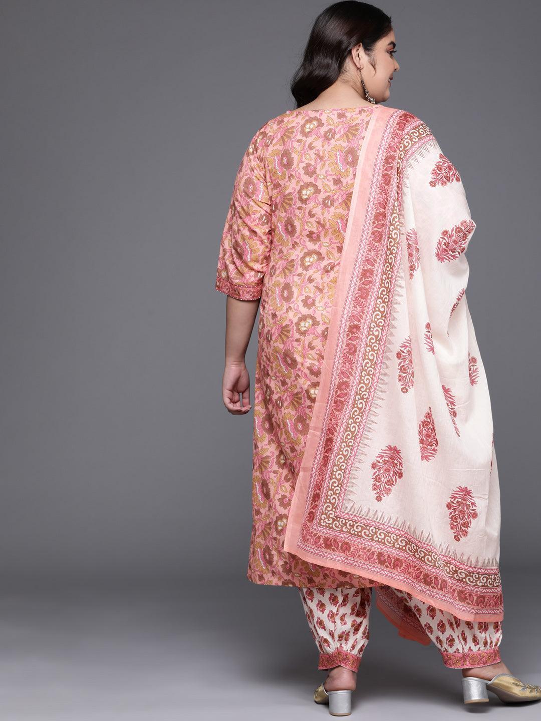 Plus Size Pink Printed Cotton Straight Kurta With Salwar & Dupatta