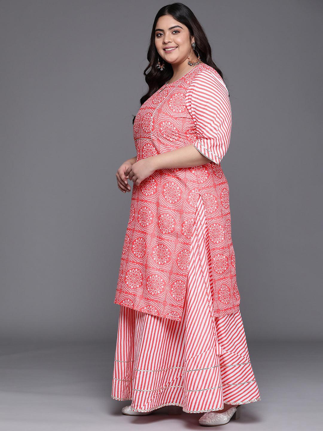 Plus Size Pink Printed Cotton Suit Set