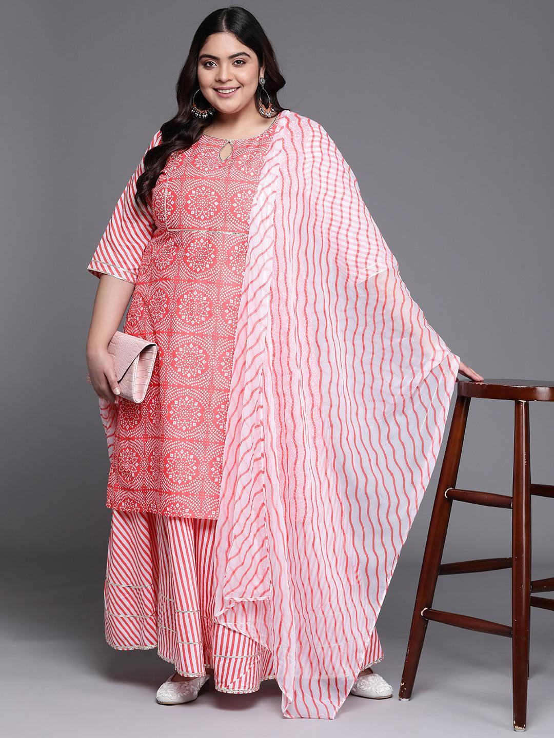 Plus Size Pink Printed Cotton Suit Set - ShopLibas