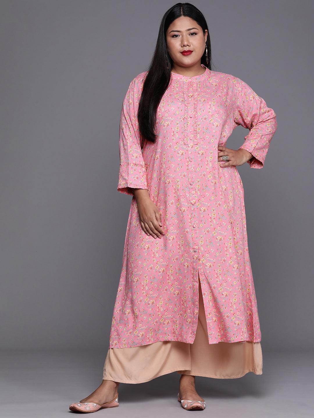 Plus Size Pink Printed Rayon Kurta - ShopLibas