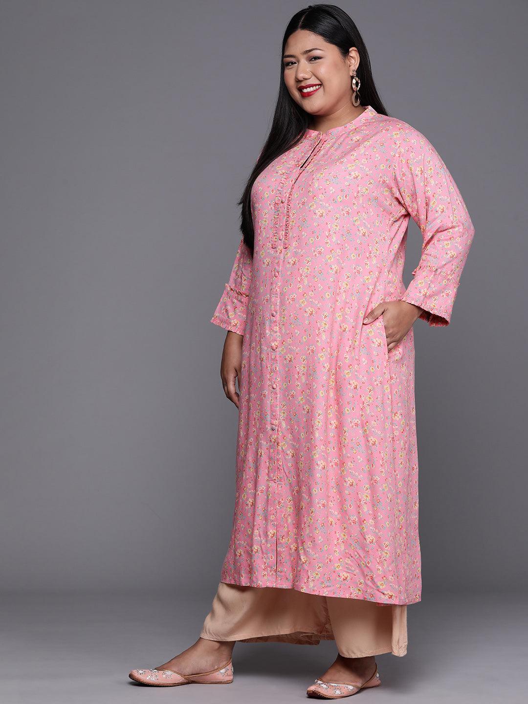 Plus Size Pink Printed Rayon Kurta - ShopLibas