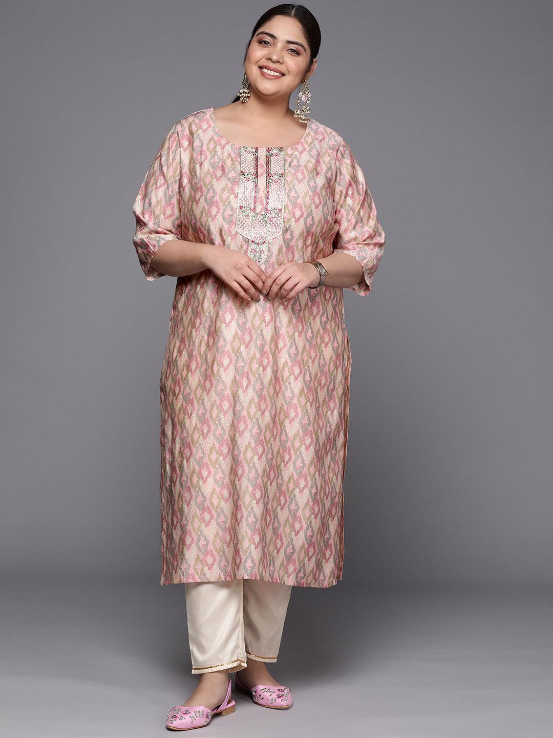 Plus Size Pink Printed Silk Straight Kurta