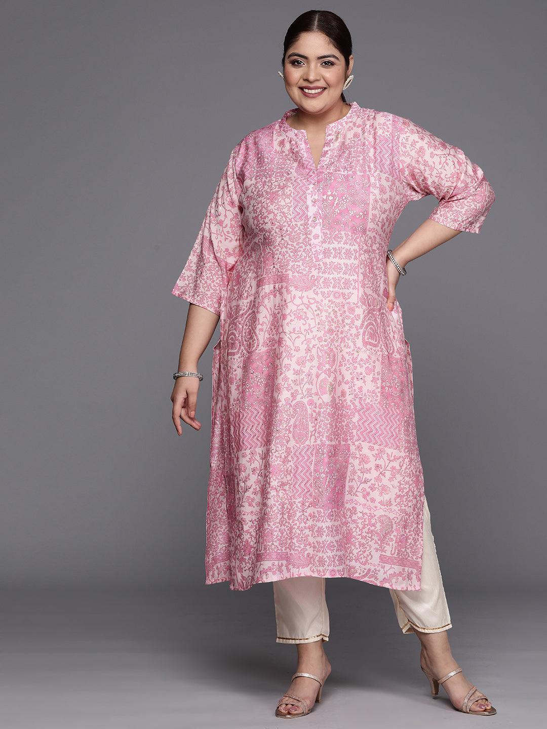 Plus Size Pink Printed Silk Straight Kurta