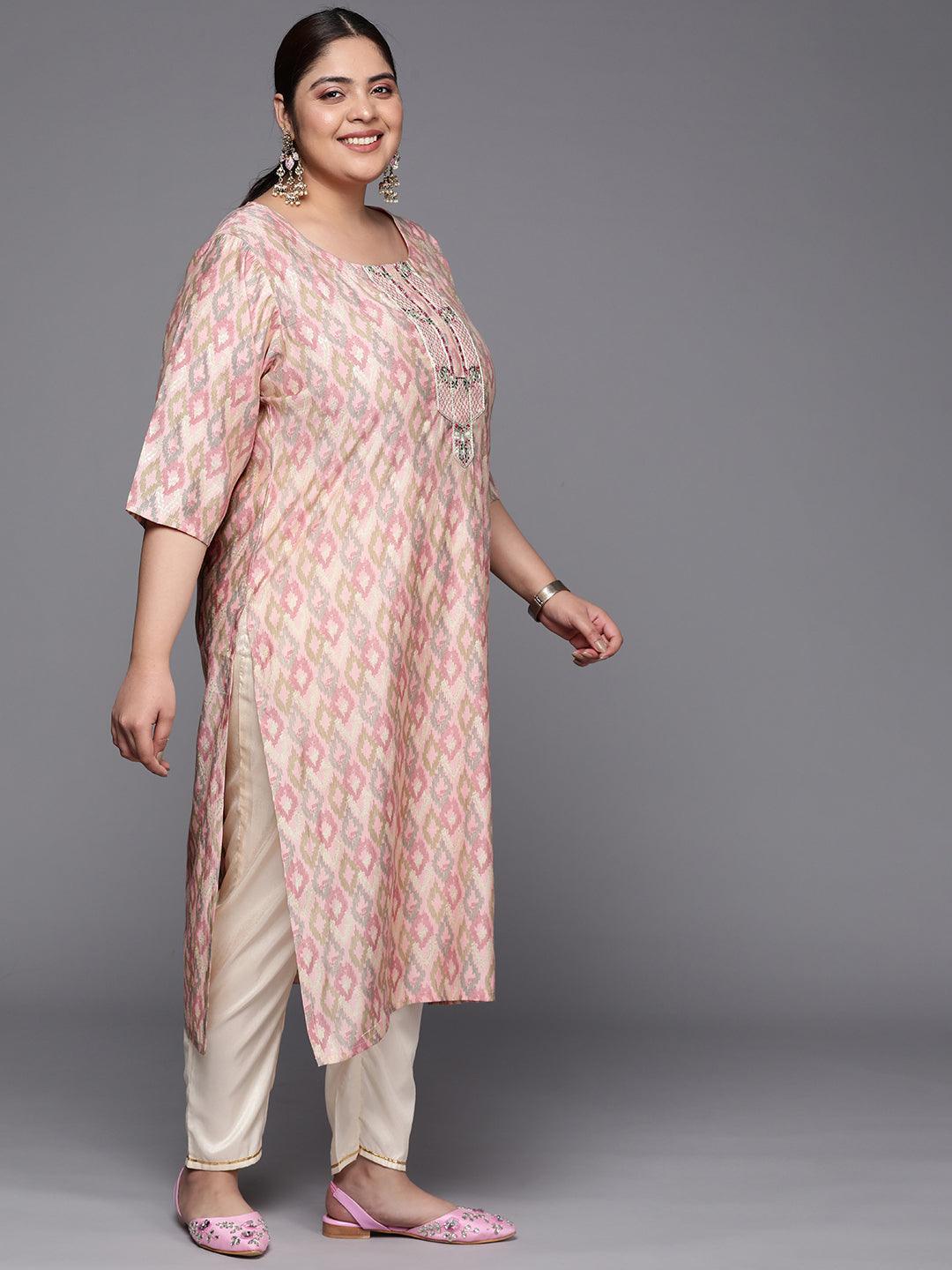 Plus Size Pink Printed Silk Straight Kurta