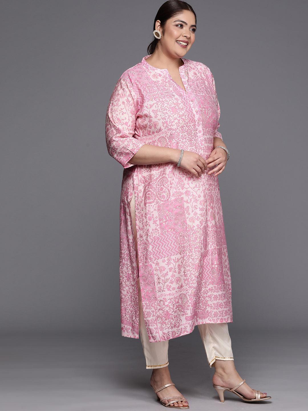 Plus Size Pink Printed Silk Straight Kurta