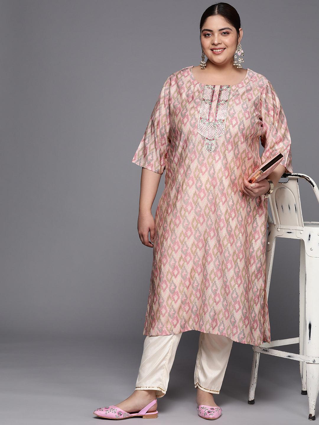 Plus Size Pink Printed Silk Straight Kurta