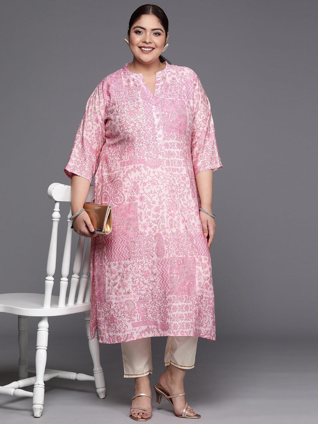 Plus Size Pink Printed Silk Straight Kurta