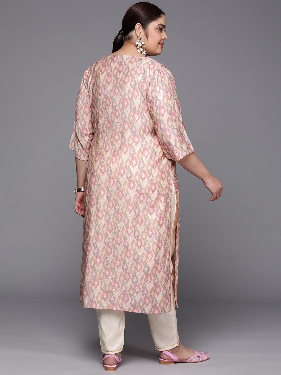 Plus Size Pink Printed Silk Straight Kurta