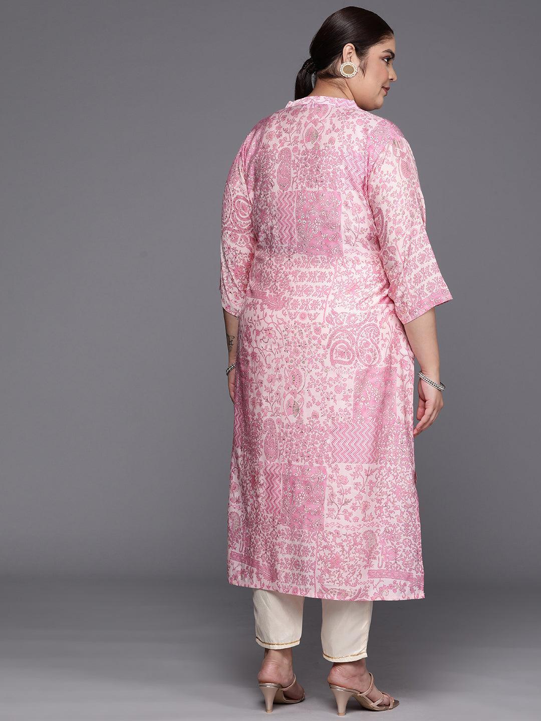 Plus Size Pink Printed Silk Straight Kurta