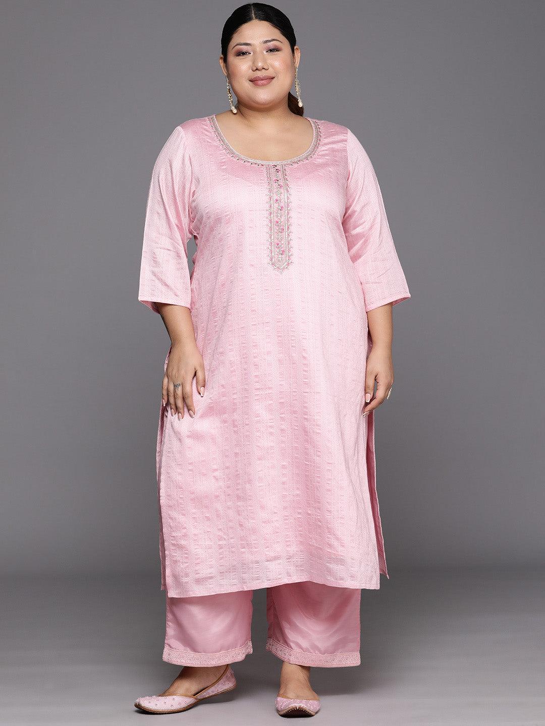 Plus Size Pink Woven Design Rayon Straight Kurta