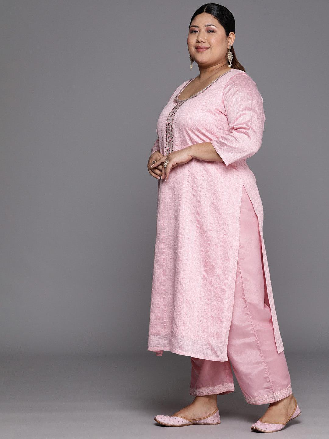 Plus Size Pink Woven Design Rayon Straight Kurta