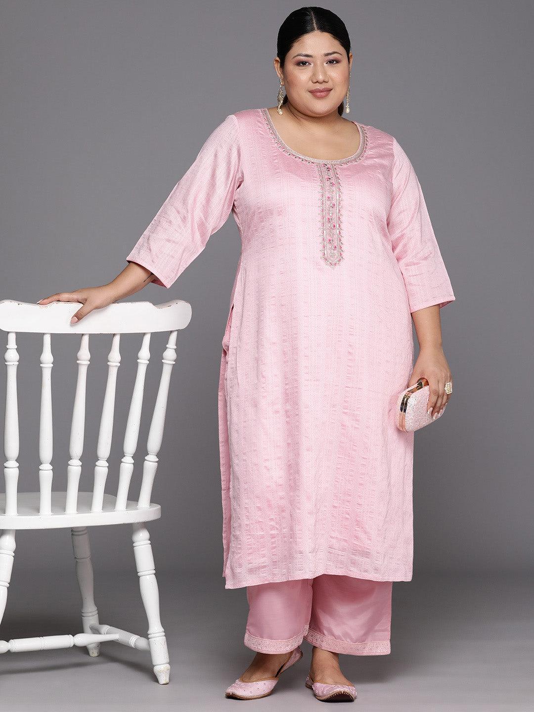 Plus Size Pink Woven Design Rayon Straight Kurta