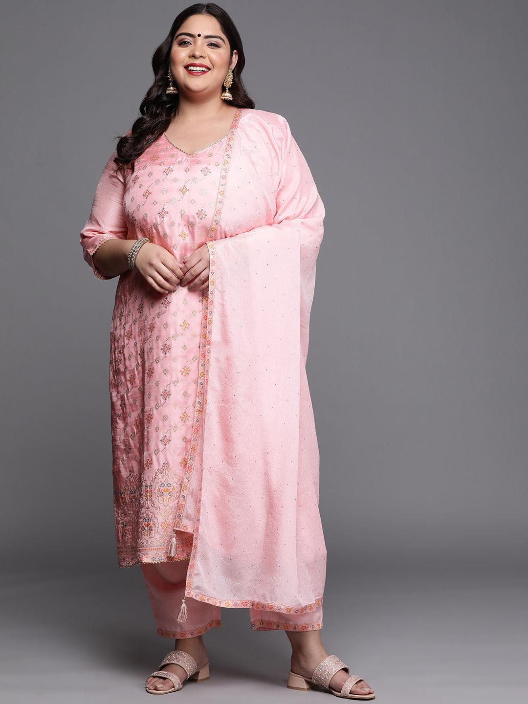 Plus Size Pink Woven Design Silk Blend Suit Set