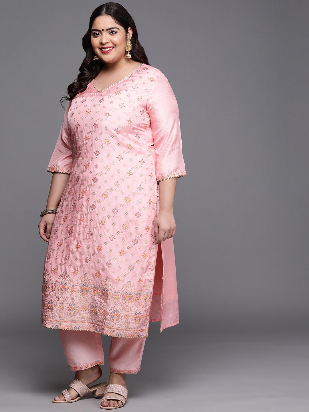 Plus Size Pink Woven Design Silk Blend Suit Set