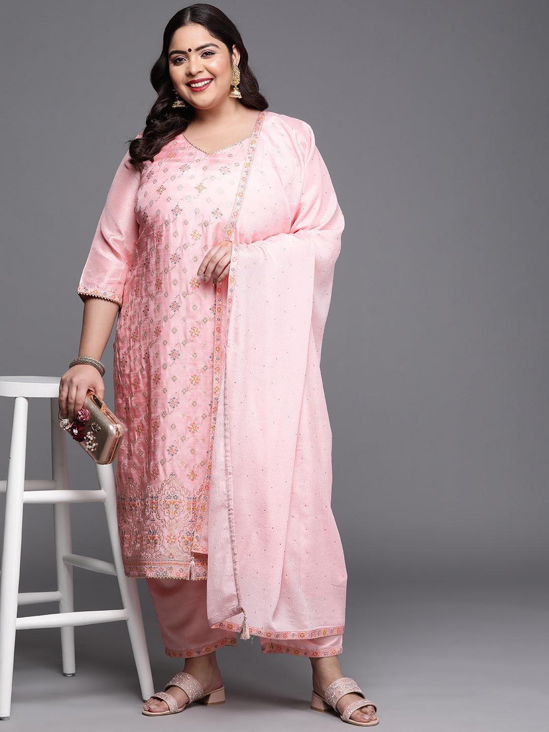 Plus Size Pink Woven Design Silk Blend Suit Set