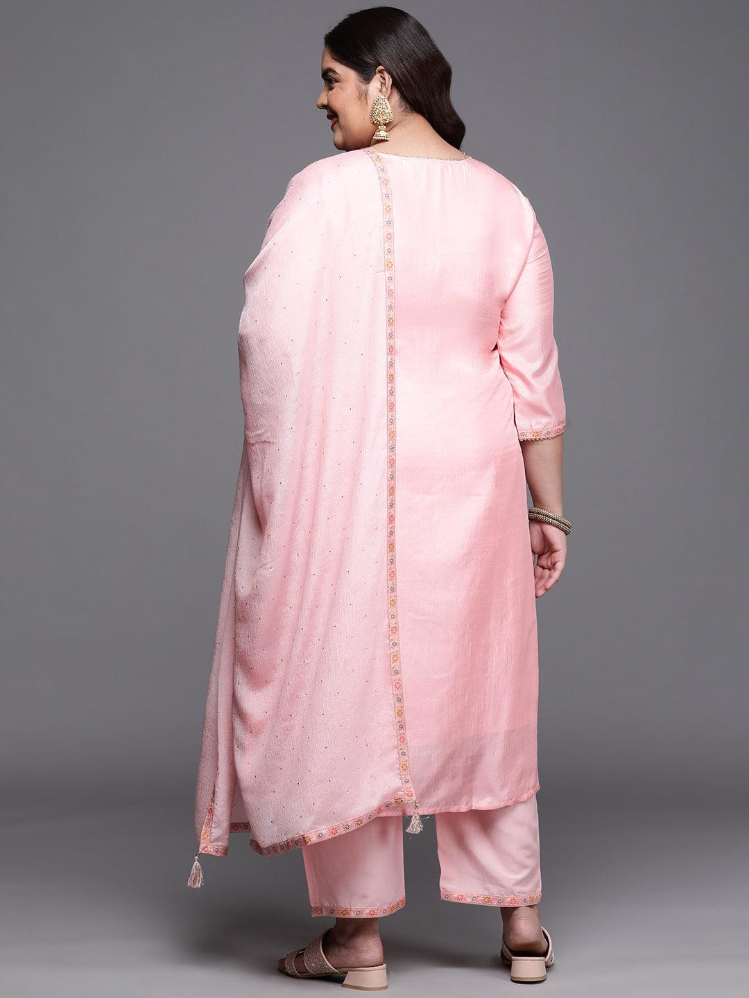 Plus Size Pink Woven Design Silk Blend Suit Set