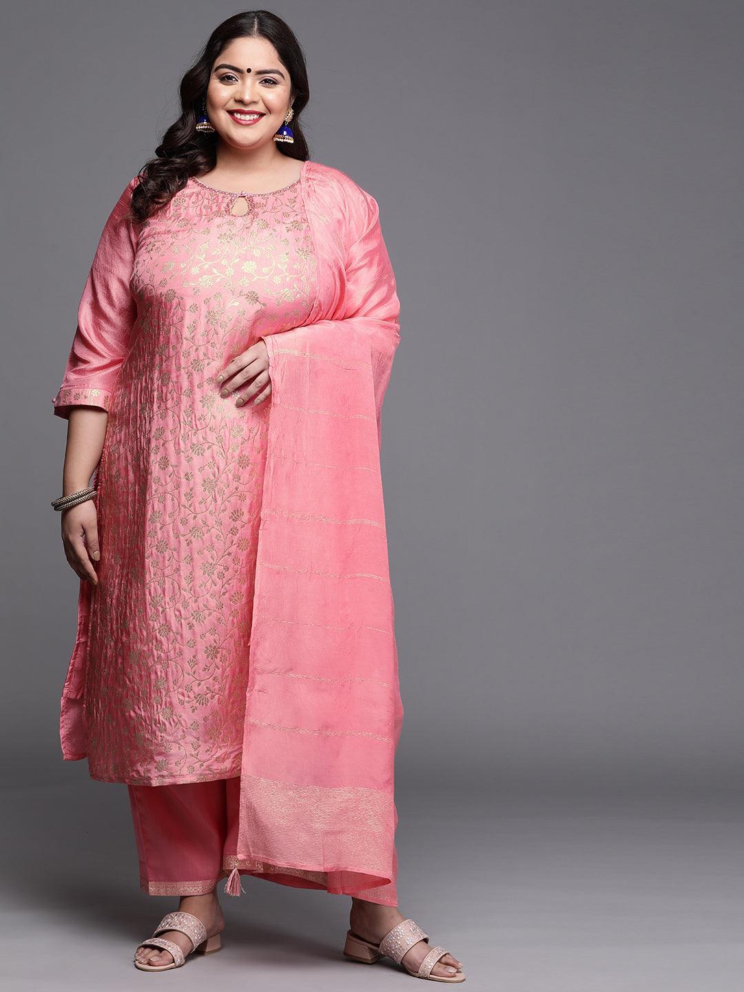 Plus Size Pink Woven Design Silk Blend Suit Set