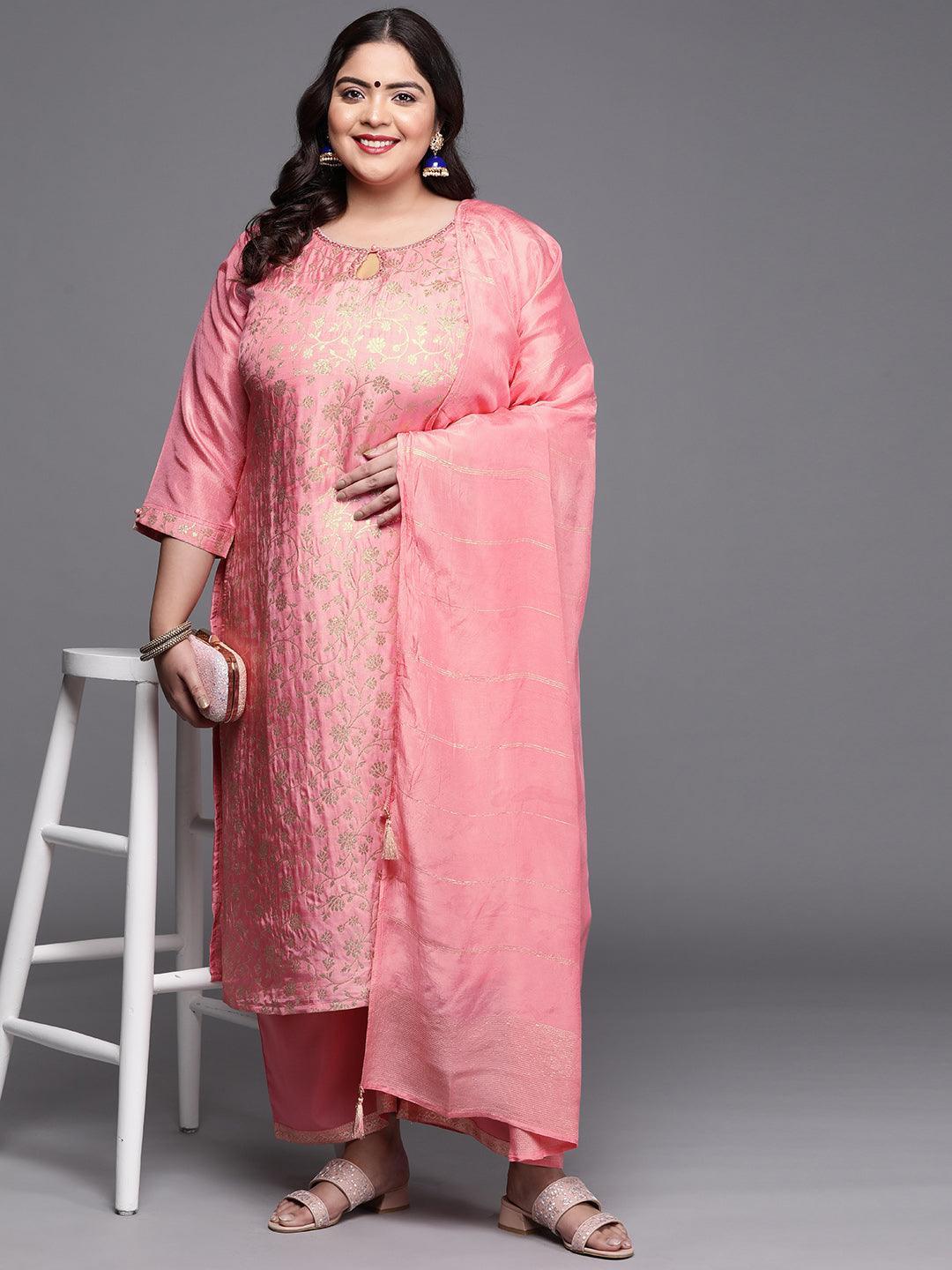 Plus Size Pink Woven Design Silk Blend Suit Set